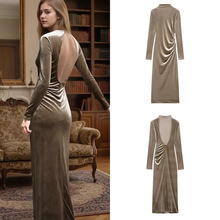 欧美跨境速卖通女装连衣裙2025夏季休闲时尚褶皱垫肩天鹅绒连衣裙