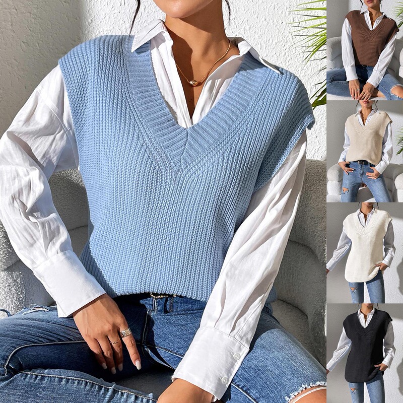 College Women's Vest Cross-Border European and American Clothing Spring & Fall New V Neck Simple Vest Woven Sweater Vest M677