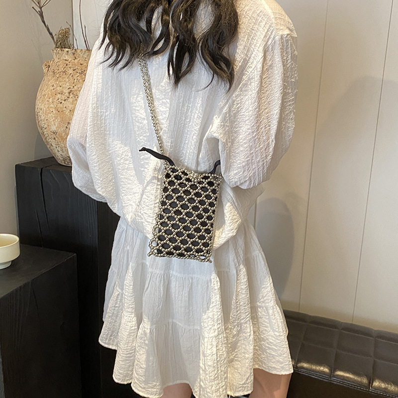 Hong Kong Style Ins Exquisite Mini Beaded Woven Hollow Women's Mobile Phone Coin Purse 24 Spring New Shoulder Crossbody Bag