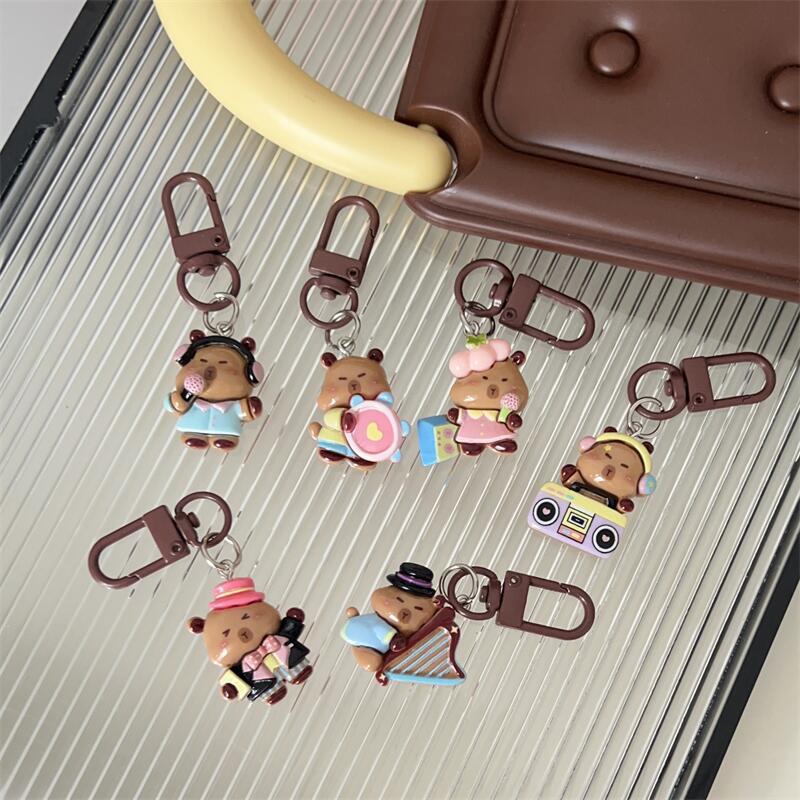 Cute Cartoon Band Capybara Keychain, Adorable Musical Instrument Small Leather Bag Pendant, Gift for Couples and Best Friends Cute Cartoon Band Capybara Keychain, Adorable Musical Instrument Small Leather Bag Pendant, Gift for Couples and Best Friends