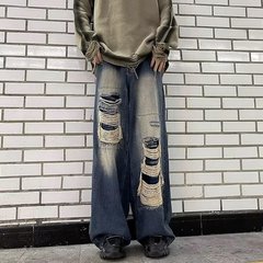 新しいスタイルのウォッシュ加工された古い黄色の泥染めのスクラッチとホールジーンズメンズアメリカンハイストリートスリムトレンディカジュアルストレートパンツ