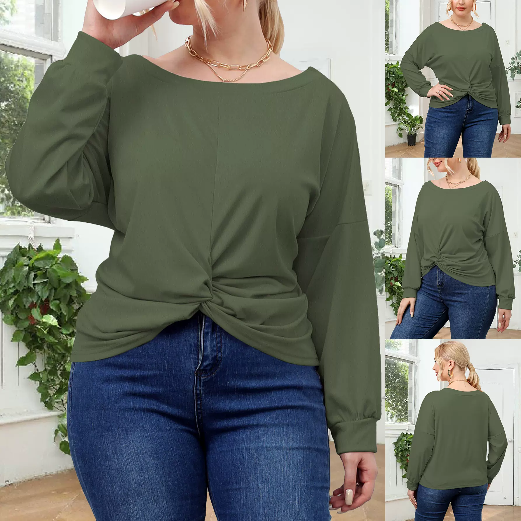 女士上衣跨境货源欧美大码女装秋季长袖纯色不规则交叉休闲T恤
