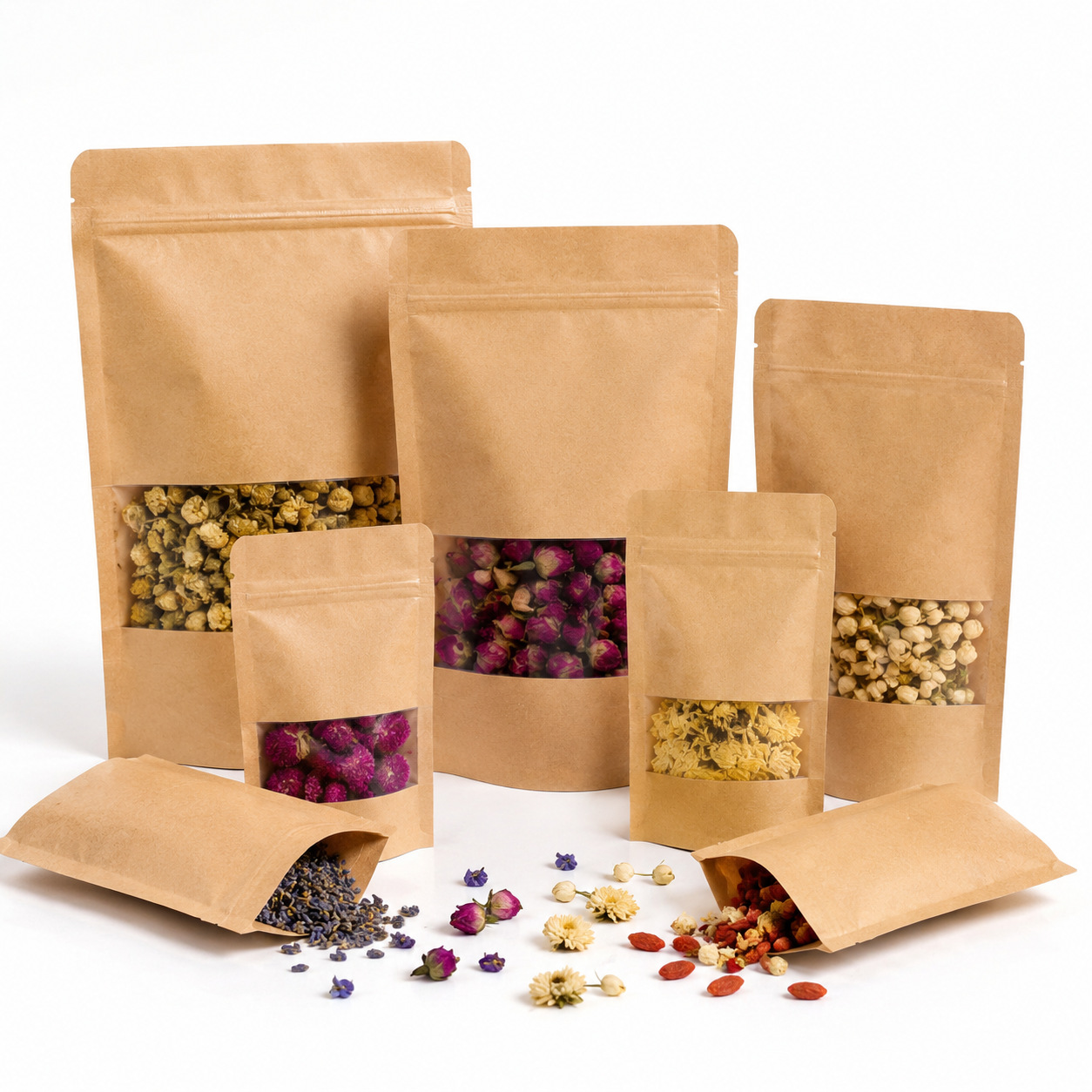 Ventana abierta autoportante bolsa kraft bolsa auto-sellar bolsa auto-sellar gruesa auto-sellar bolsa de embalaje transparente de alimentos de té personalizada