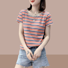 2025 新しい夏の女性の純粋な綿半袖 tシャツストライプトップス人気の女性の tシャツスリムフィット小柄な人