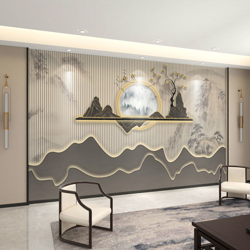 新中式中国风景山水客厅电视背景墙茶室餐厅背景墙8d立体装饰壁画