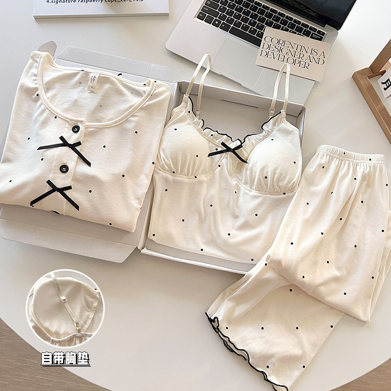 French Polka Dot Four-Piece Pajamas with Breast Pads, Modal Cotton Sexy Pure Lust Style Suspenders Home Wear for Women Summer French Polka Dot Four-Piece Pajamas with Breast Pads, Modal Cotton Sexy Pure Lust Style Suspenders Home Wear for Women Summer