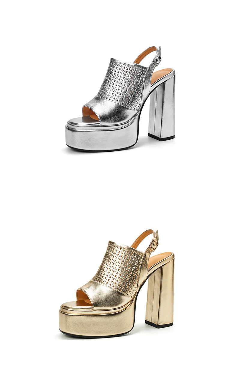 Sandal cao gót nữ da thật gót vuông đế rỗng hở mũi quai ngang — Màu đỏ rượu chi tiết 13