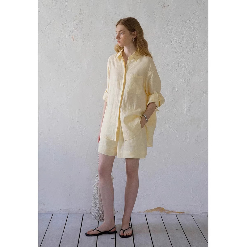 100% Linen Shirt and Shorts Set 2026 Summer New French Style Relaxed Casual Two-Piece Set 1295 Four Ladies