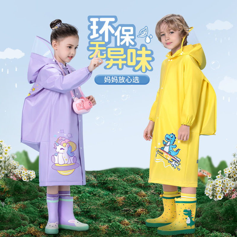 Children's Raincoat, Extended Length, Cartoon Design, Portable Eva, for Boys and Girls, Suitable for Primary School Students and Older Children, with Backpack Space, One-Piece Rain Poncho