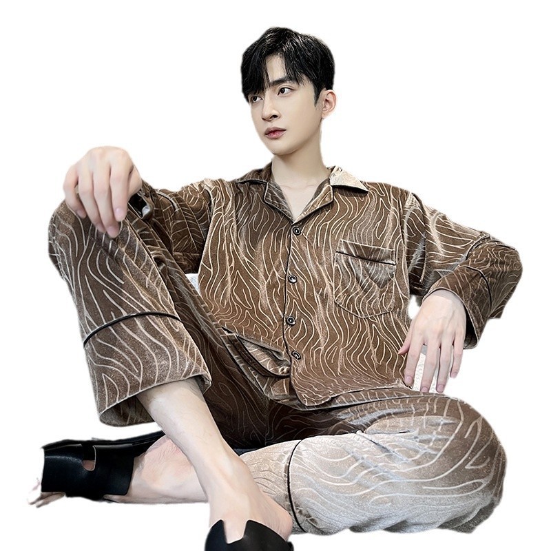 2025 pijama hombre otoño invierno terciopelo dorado calentamiento cardigan juvenil simple casual manga larga ropa de casa set de cabello