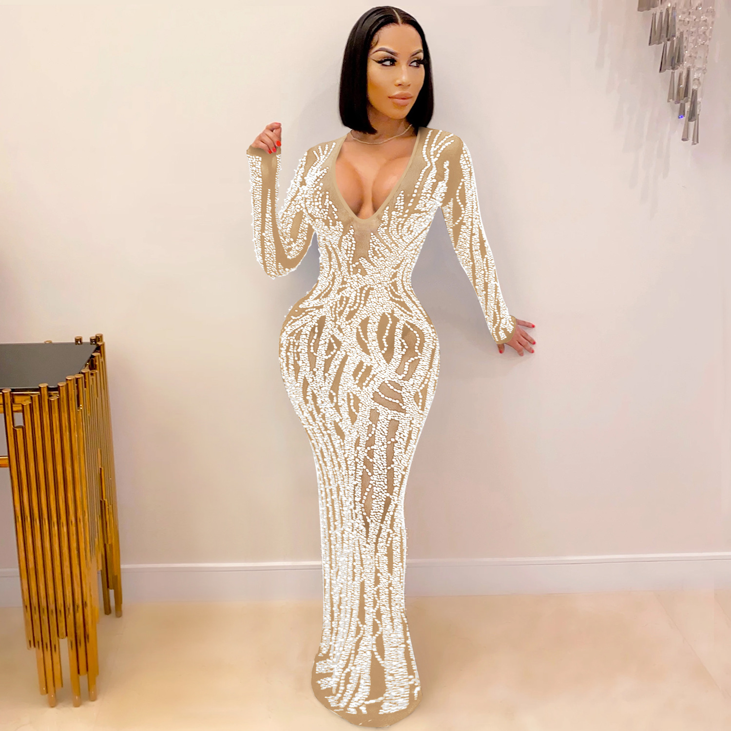 X5002 transfronterizo europeo y americano nuevo club nocturno sexy rhinestone diamante incrustado malla transparente brillante vestido de mujer image 5
