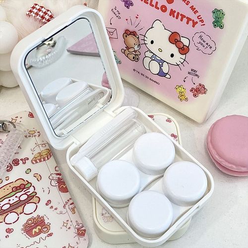 Cartoon kitten multiple pairs of double boxes portable contact lens box square cream color myopia glasses companion box