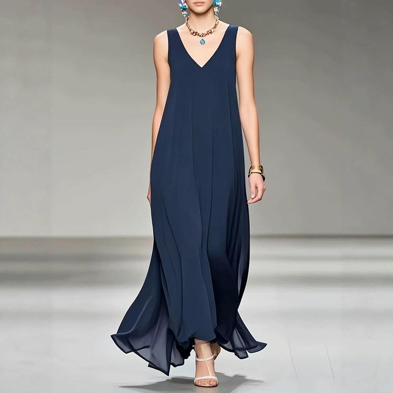 Women's new summer V-neck flowy chiffon dress, suitable for daily office and vacation wear