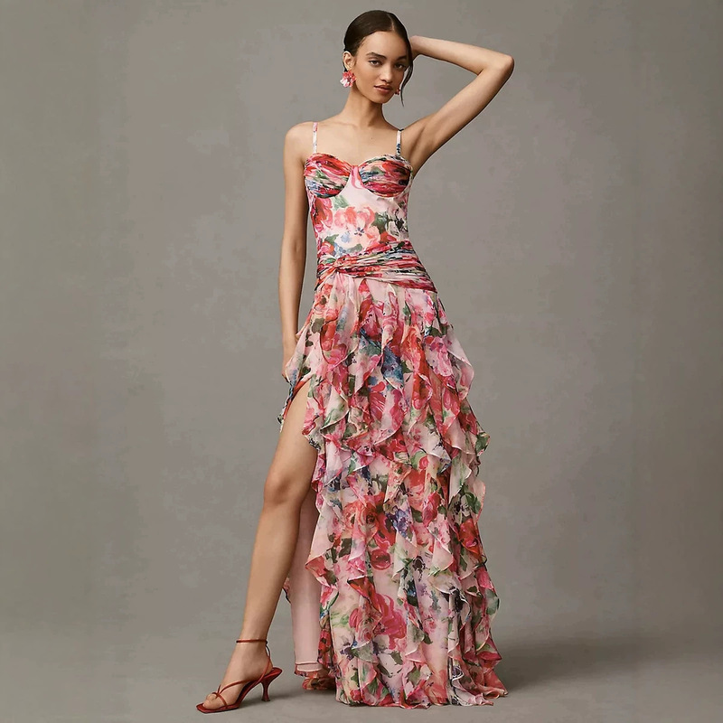 European and American Cross-Border New Style Fishbone Corset Bright Floral Print Multi-Layer Ruffle Slit Long Dress Evening Gown