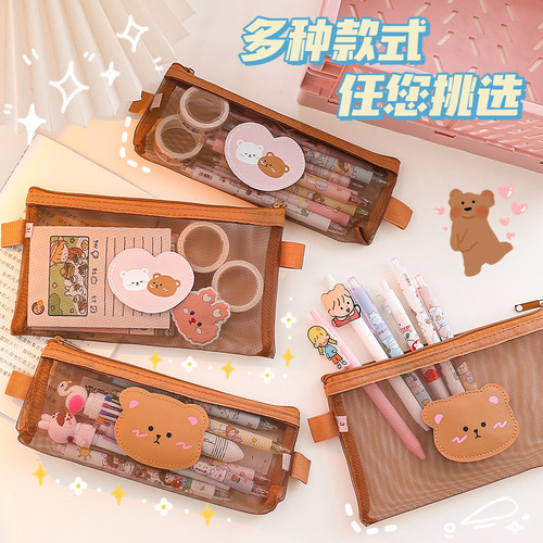 Cute mesh pencil bag girly heart student large capacity transparent stationery bag ins Japanese bear large pencil case