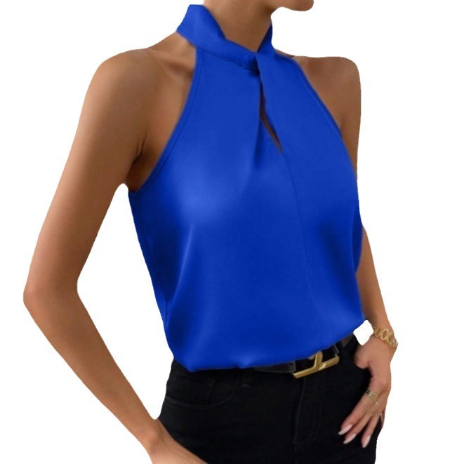 2025 verano nuevo estilo de las mujeres europeas y americanas satén cuello halter sin mangas chaleco de seda de imitación satinado top spot al por mayor