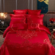 140s支全棉婚庆四件套刺绣婚房床上用品大红色喜被子结婚六十件套