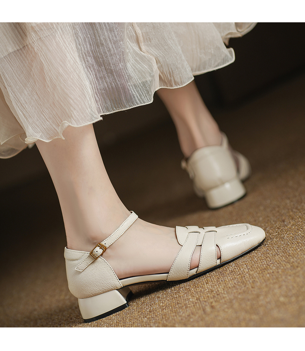 Sandal nữ da cừu mũi nhọn quai khóa gót thô 9 cm — đen chi tiết 9