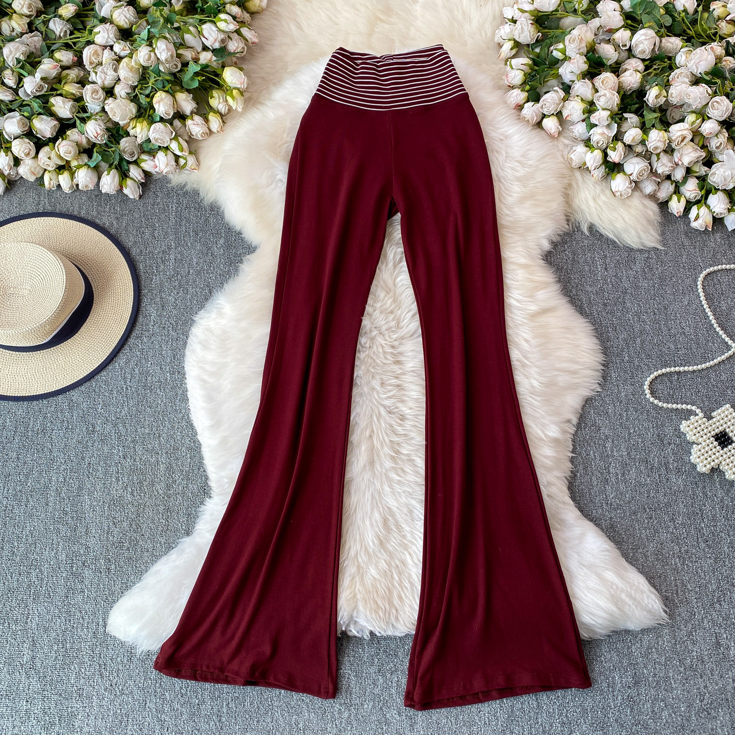 Korean Style High-Waisted Striped Flared Pants Women's Slimming Elongating Summer Bottoms Simple Stylish Polyester Capris_ecoleips.com