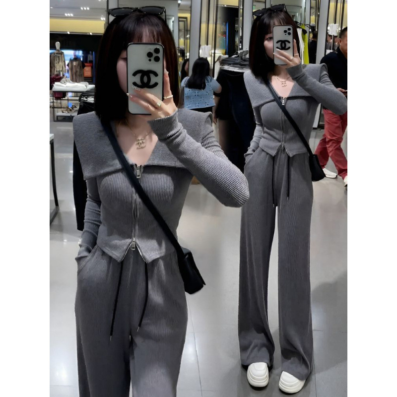 欧货休闲时尚运动服套装女春秋季新款显瘦修身卫衣阔腿裤两件套潮|undefined