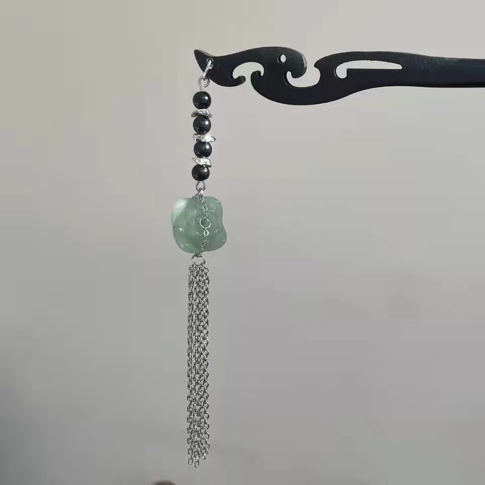 盘龙莲花新中式晕染玉绿环扣发簪金属流苏链条国潮汉服复古风发饰