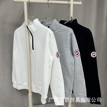 跨境外贸爆款大鹅半拉链纯色徽章秋冬款加绒卫衣套头长袖男女同款