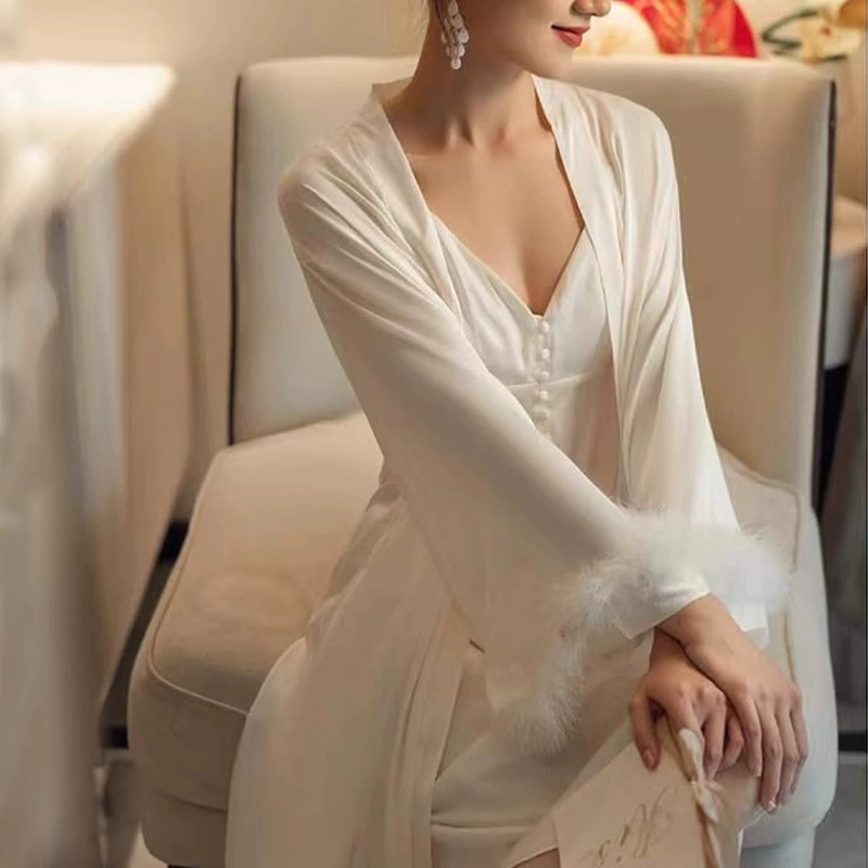 Пижама женская свадебная невеста ледяная шелковая манжета перья украшения свадебный утренний халат весенне-осенний набор из двух частей