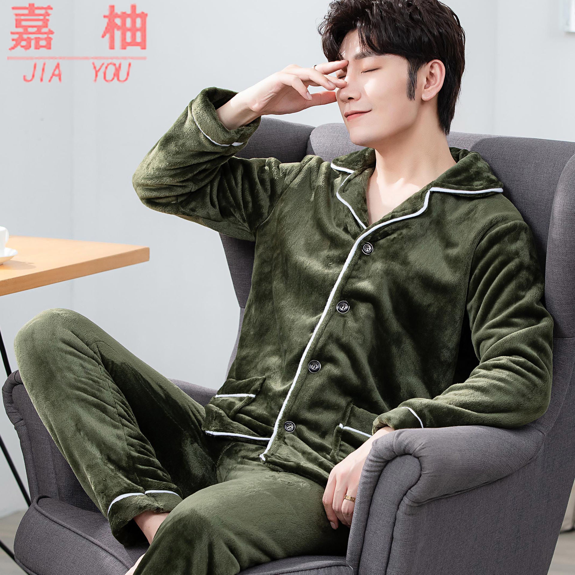 Pijamas de invierno de terciopelo de coral, pijamas de franela gruesas de invierno para hombres, ropa de hogar cálida de mangas largas para hombres