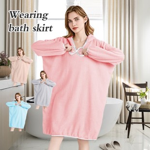 Longli Winter Mid-Length Home Coral Velvet Bathrobe Nightgown Women's Water-Absorbent Thickeneded Home Hooded Long-Sleeved Bath Skirt