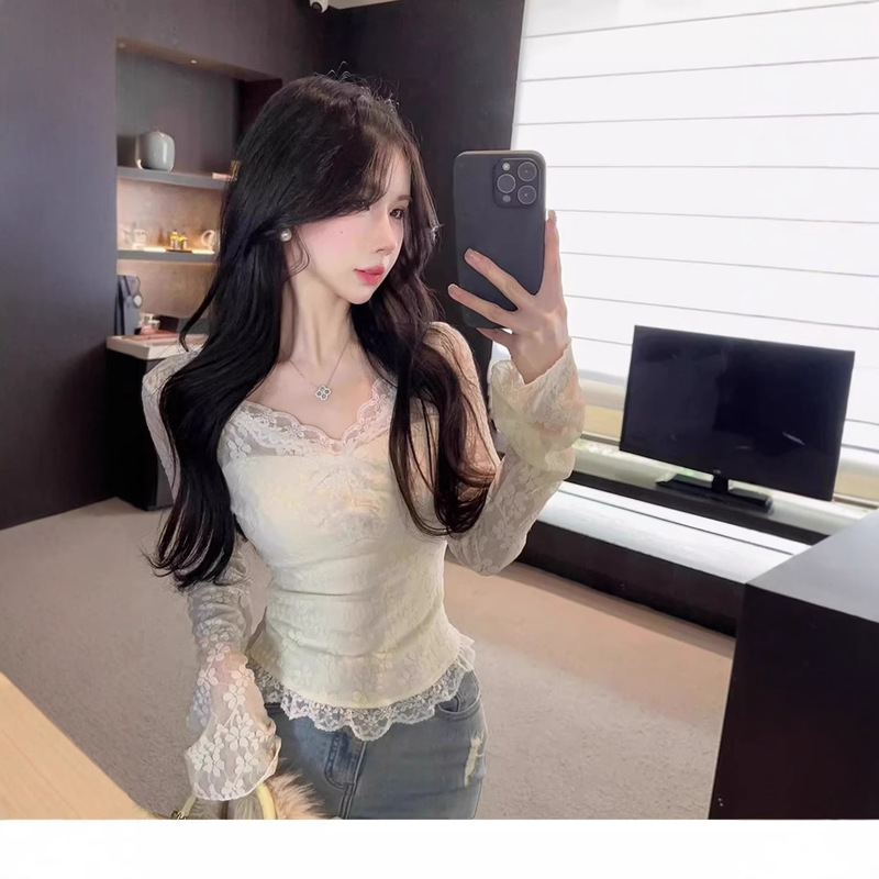 Pure Desire Style Lace Long Sleeve Shirt for Women, New Spring/Summer Bowknot Slim Fit Waist Slimming Inner V-Neck Commuter Chic