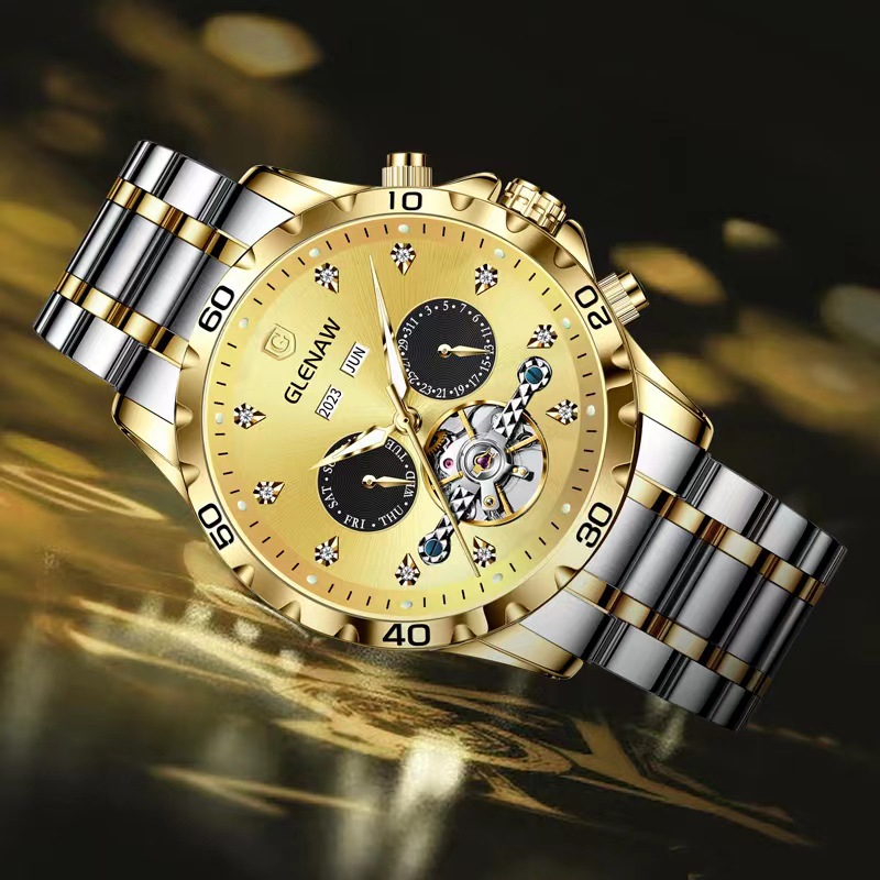 Đồng hồ nam automatic lộ máy dây thép vỏ vàng — 89-26 lịch đai thép vỏ vàng chi tiết 1