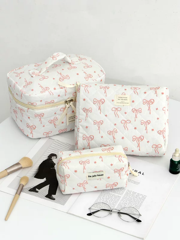 Handheld Cosmetic Bag, Korean Style, Bow Accent, Quilted Organizer, Multiple Sizes