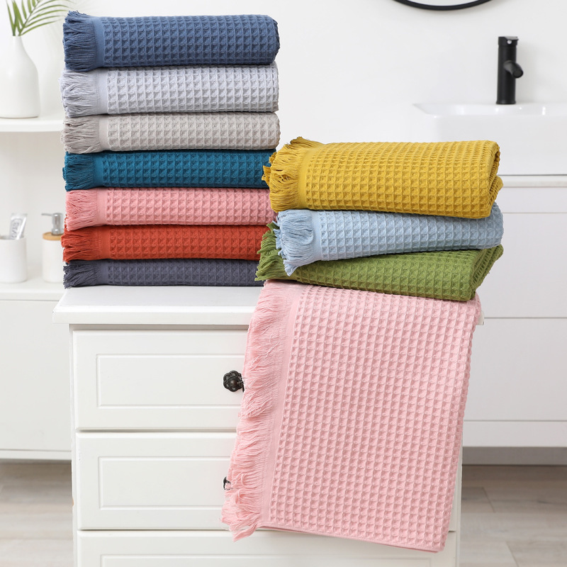 Pure Cotton 90*180 Tassel Bath Towel Shawl Waffle Weave Adult Honeycomb Beach Towel Non-Shedding Cotton Gauze Absorbent