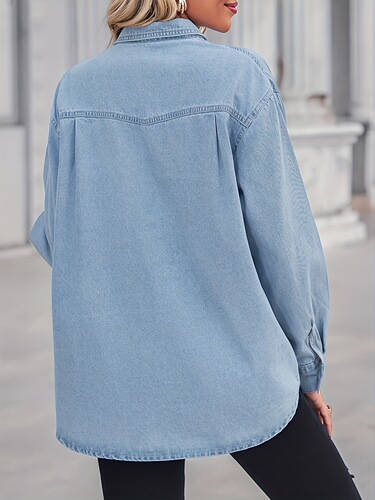 Women's Light Blue Denim Jacket Long Sleeve Button Shirt