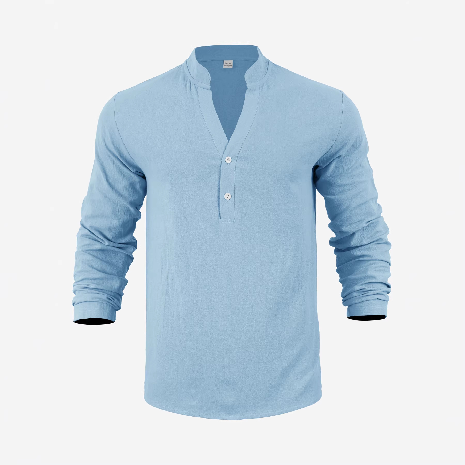 Estación independiente transfronteriza lino americano primavera venta caliente hombre relajado ocio transpirable V-cuello Henry camiseta de manga larga camiseta hombre