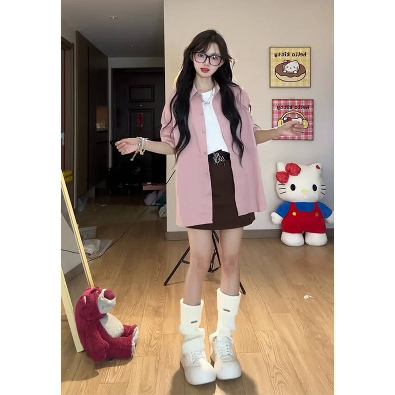 秋季新款粉色长袖衬衫上衣女高腰显瘦包臀半身裙两件套|undefined