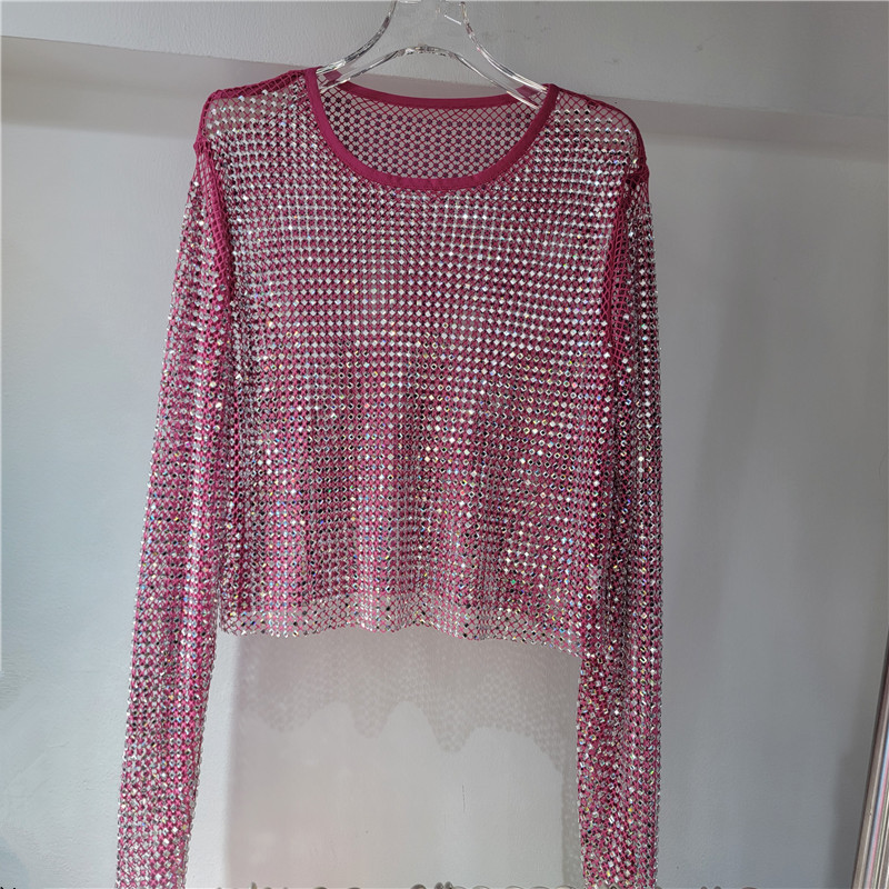 Luz de lujo de alto nivel suave chaqueta de cristal de diamante de malla super celestial dentro de la fiesta bling brillante camiseta de base vaciada
