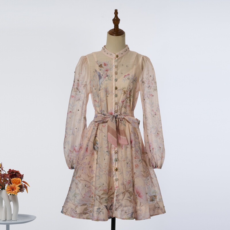 Z Brand French-Style Floral Diamond Short Dress with Large Skirt, Women's Cross-Border Fashion, European and American Heavy Craftsmanship, Waist-Cinching Slimming Dress
