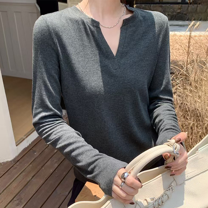v领德绒羊毛打底上衣女2025年秋季新款纯色修身内搭高级感长袖T恤|undefined