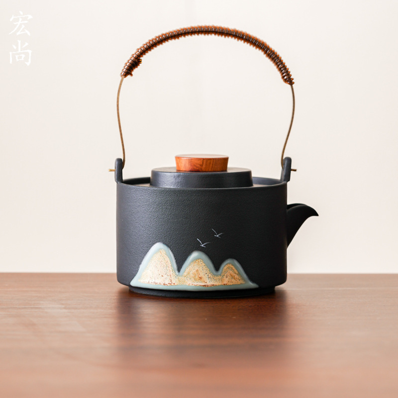 Ceramic Side-Handle Teapot, Single Pot, Black Pottery Filter Tea Pot, Single Pot Kung Fu Tea Set, Coarse Pottery, High-End Gift Set