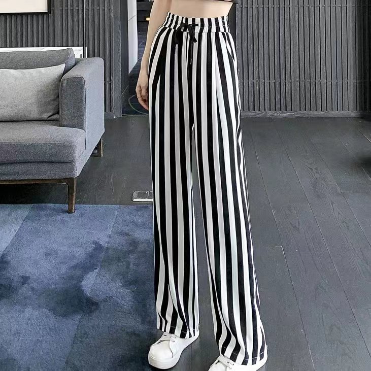 Ice Silk Wide Leg Pants Women's Summer Thin High Waist Dape Loose Women's Pants Black and White Vertical Stripe Sports Casual Straight Pants