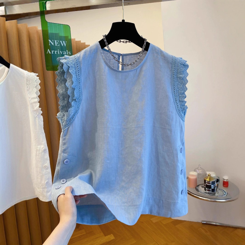 European-Style Lace Patchwork Linen Sleeveless Top for Women, Summer 2025 New Style, Loose and Stylish Blue Flutter Sleeve Blouse