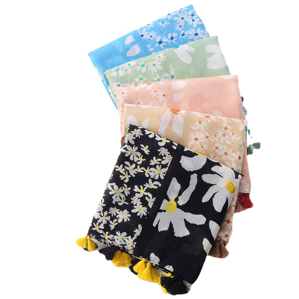 Estilo japonés artístico Margarita flor costura algodón y lino sensación seda bufanda versátil borla bufanda grande viaje playa toalla para mujeres