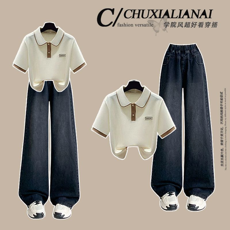 Fashion suit # Women's new short-sleeve polo shirt, versatile half-sleeve tee, paired with black straight-leg jeans