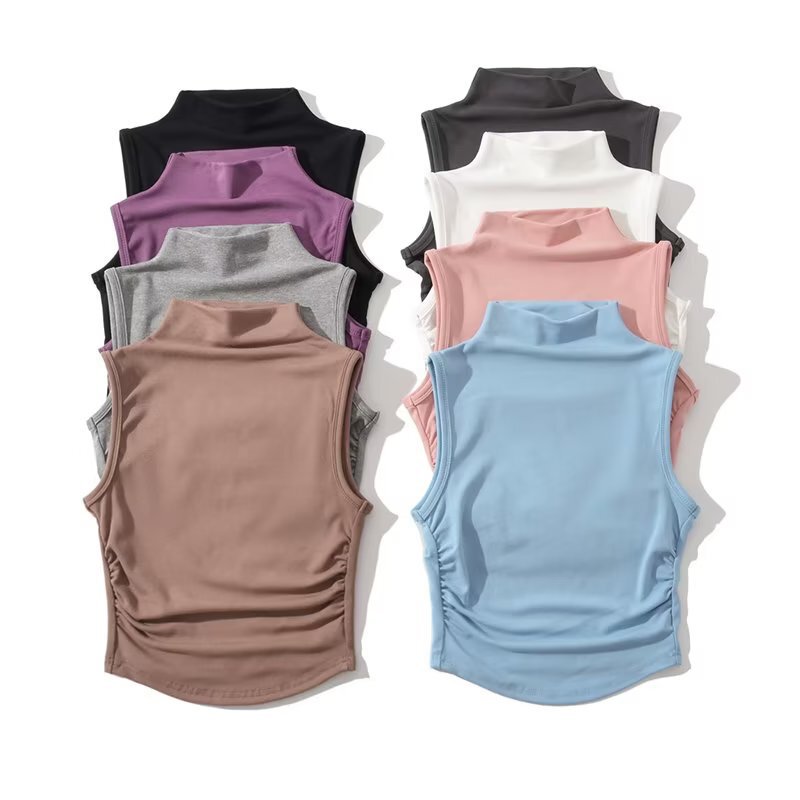 Summer Spice Girl Style Half-turtleneck Sleeveless Cotton Slim-Fit Slimming Short Pleated Vest Round Hem Base Shirt Summer Spice Girl Style Half-turtleneck Sleeveless Cotton Slim-Fit Slimming Short Pleated Vest Round Hem Base Shirt