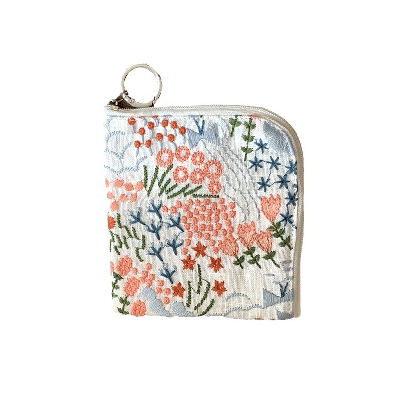 綿麻刺繍小銭入れとポーチ付きの口が可愛い生理用ナプキン収納バッグのミニ化粧バッグ