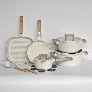 Donnor Jili 13-Piece Non-Stick Cookware Set, Soup Pot, Frying Pan, Pizza Pan, Marble-Coated Die-Cast Pot