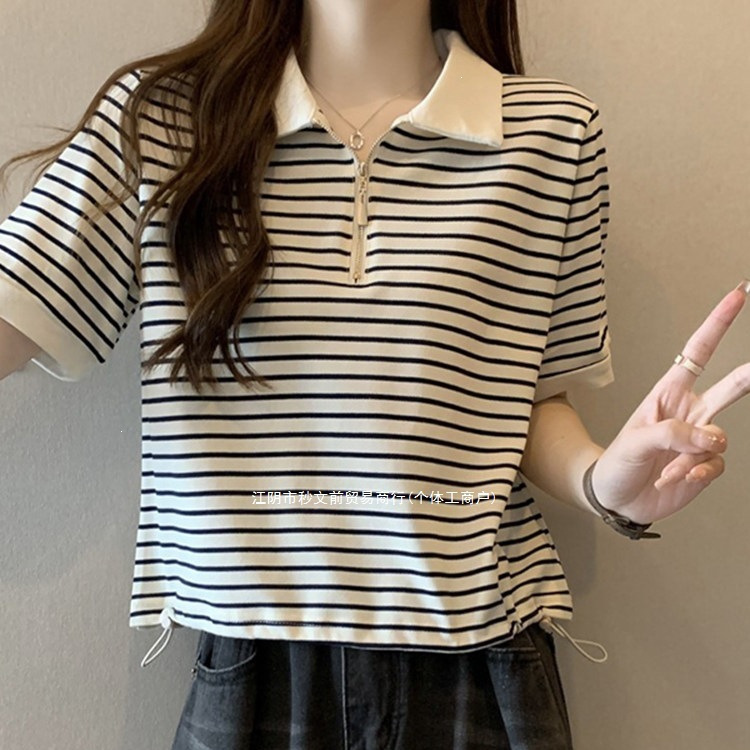 Plus-Size Polo Collar Striped Short-Sleeve T-Shirt for Women, Summer Design with Drawstring, Tummy-Concealing, Stylish Short Top for Curvy Women