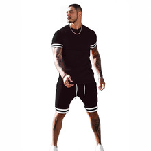 2024跨境爆款独立站 圆领t恤短裤运动纯色休闲套装青年男士两件套