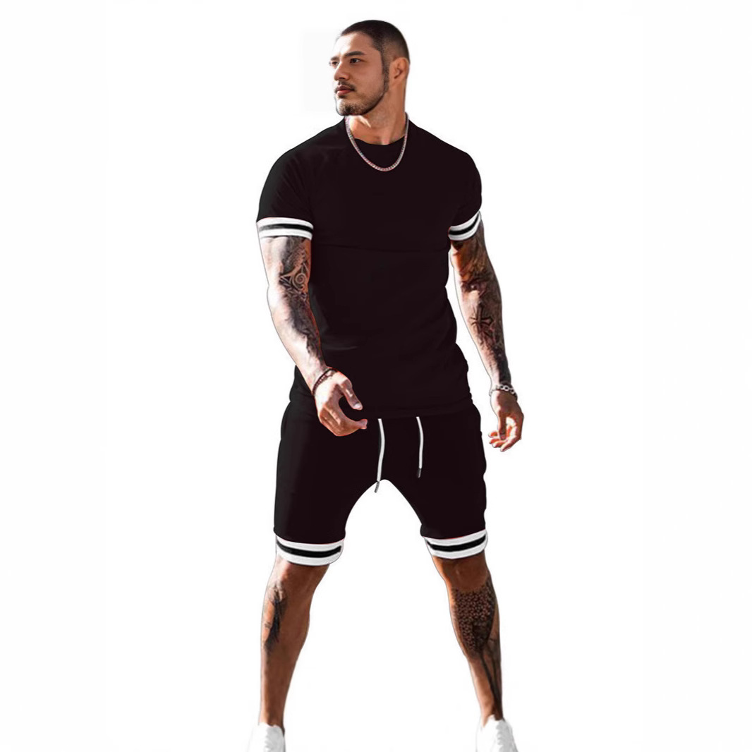 2024跨境爆款独立站 圆领t恤短裤运动纯色休闲套装青年男士两件套